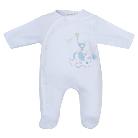 A yellow cotton sleepsuit for babies with an elephant and bird with a balloon print, displayed on a hanger. ELEPHANT & BIRD WITH BALLOON COTTON SLEEPSUIT - BABY BLUE | DANDELION