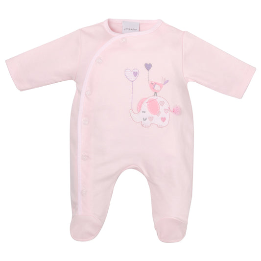 A PINK cotton sleepsuit for babies with an elephant and bird with a balloon print, displayed on a hanger. ELEPHANT & BIRD WITH BALLOON COTTON SLEEPSUIT - BABY PINK | DANDELION