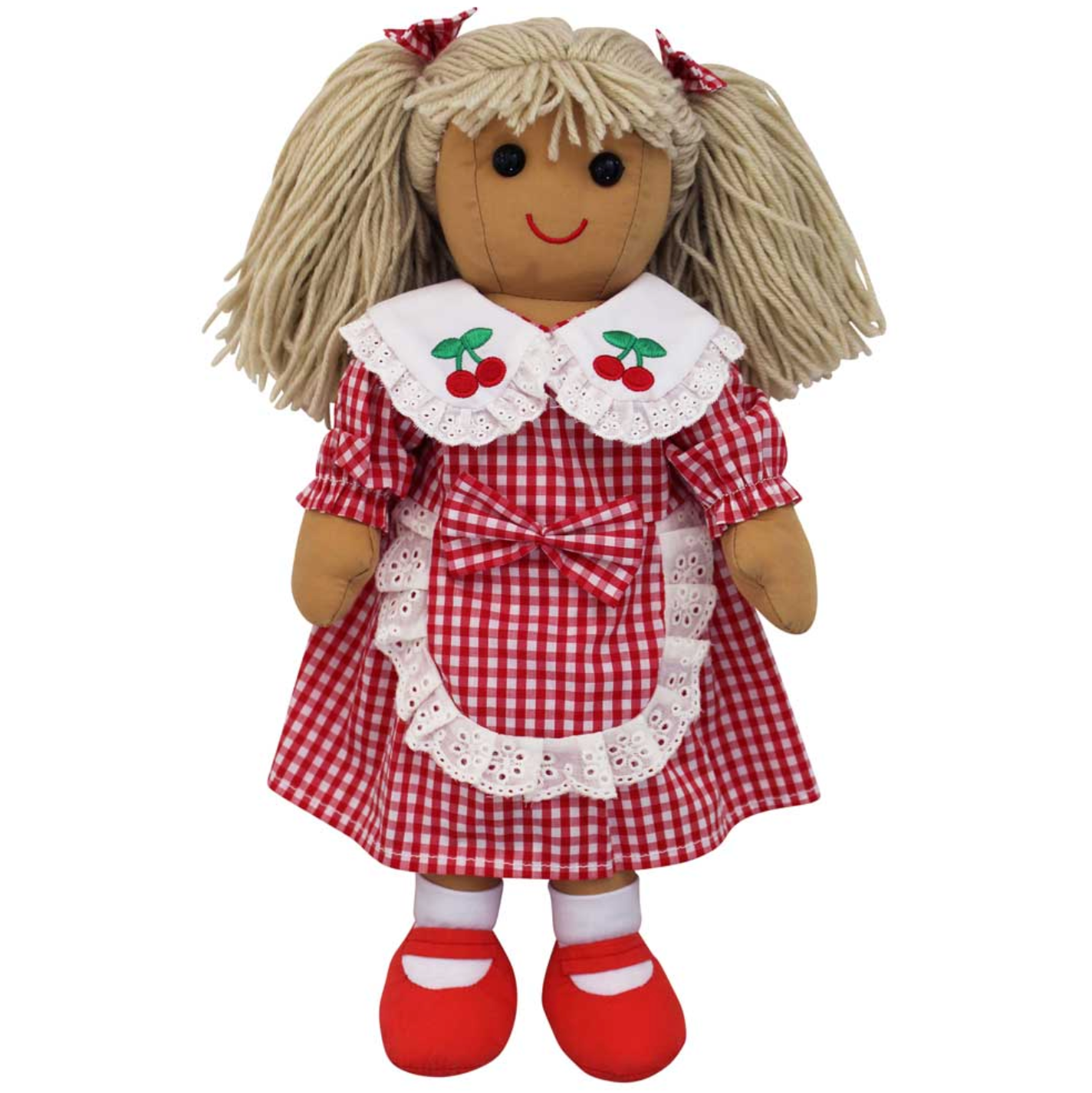 A blonde haired ragdoll wearing a red and white gingham dress with lace trim and a white lace trimmed peter pan collar, with embroidered cherries on the collar, and red shoes. EMBROIDERED CHERRY RED GINGHAM RAGDOLL WITH  BLONDE HAIR AND PETER PAN COLLAR | POWELL CRAFT