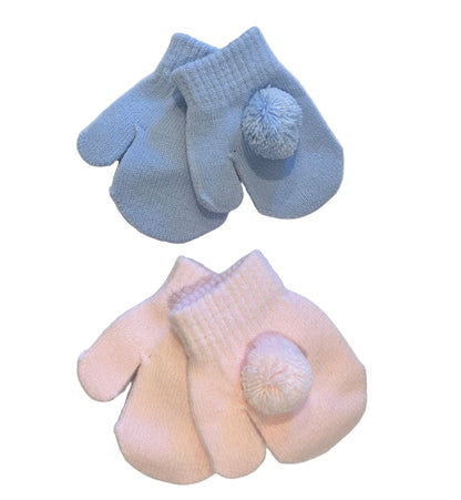 KNITTED BABY MITTENS WITH POMPOMS - BABY PINK