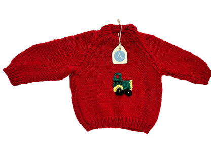 RICH RED JUMPER WITH GREEN TRACTOR - 9-12 MONTHS