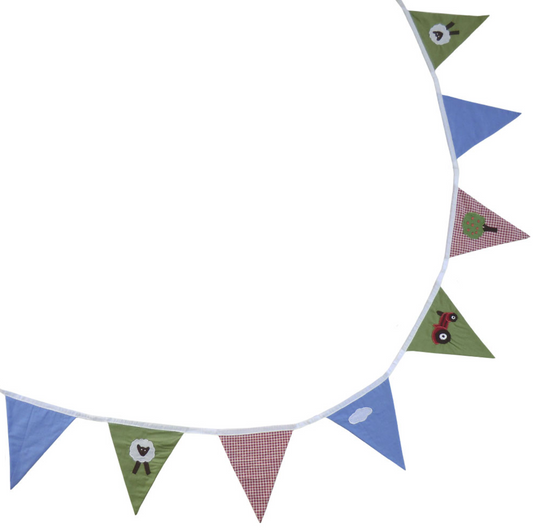 Colorful triangle-shaped bunting flags. FARMYARD THEMED BUNTING FOR BEDROOM & PARTY DECORATION | POWELL CRAFT