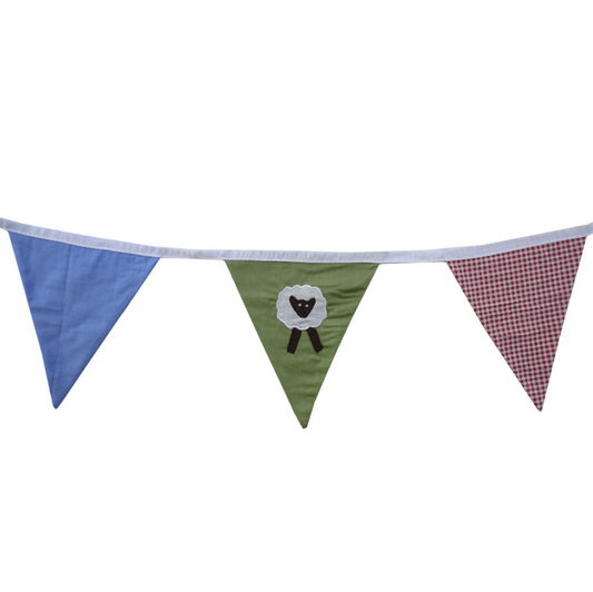Triangular flags with a sheep design. FARMYARD THEMED BUNTING FOR BEDROOM & PARTY DECORATION | POWELL CRAFT