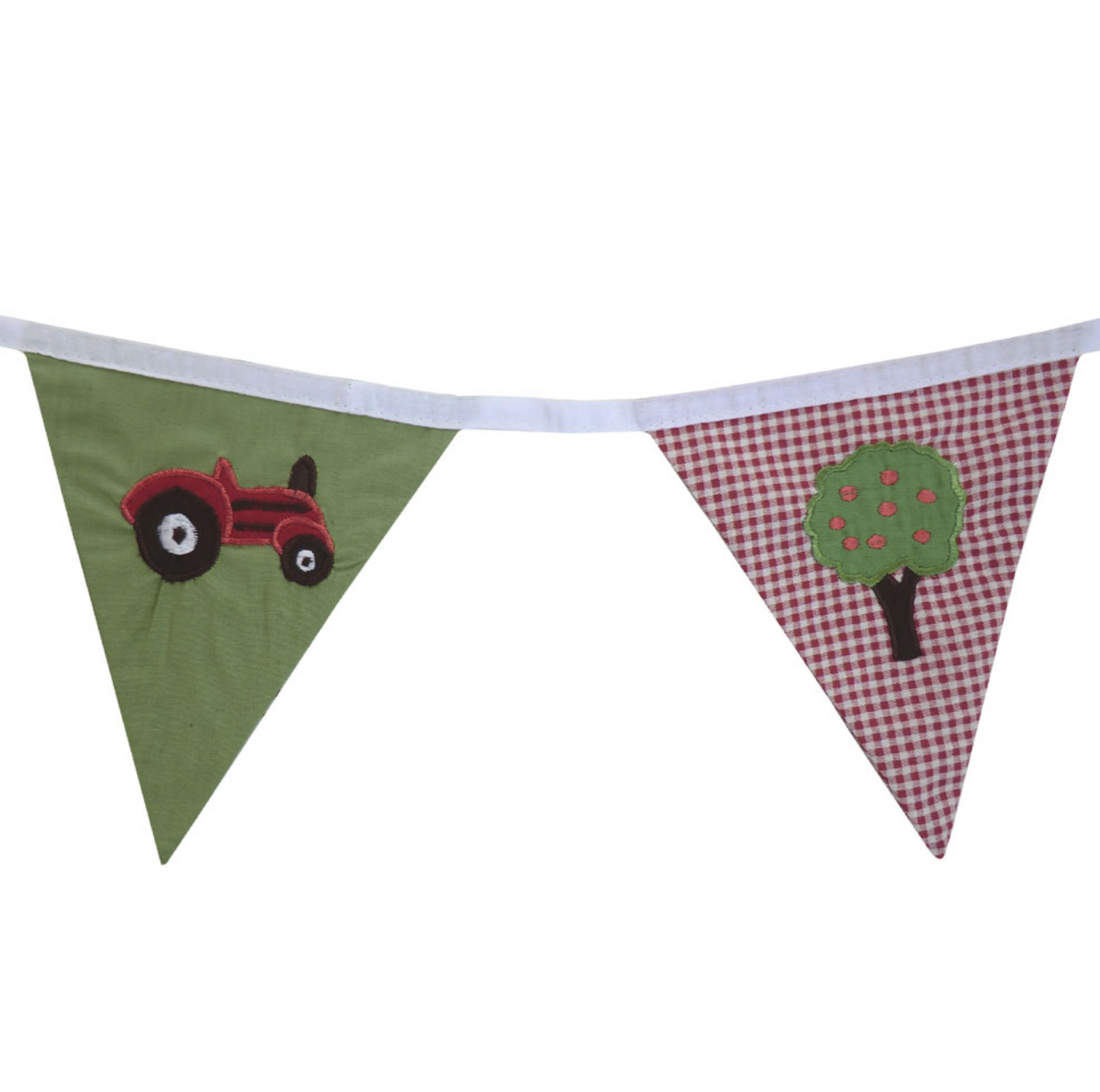 Fabric bunting with red tractor and green tree design. FARMYARD THEMED BUNTING FOR BEDROOM & PARTY DECORATION | POWELL CRAFT