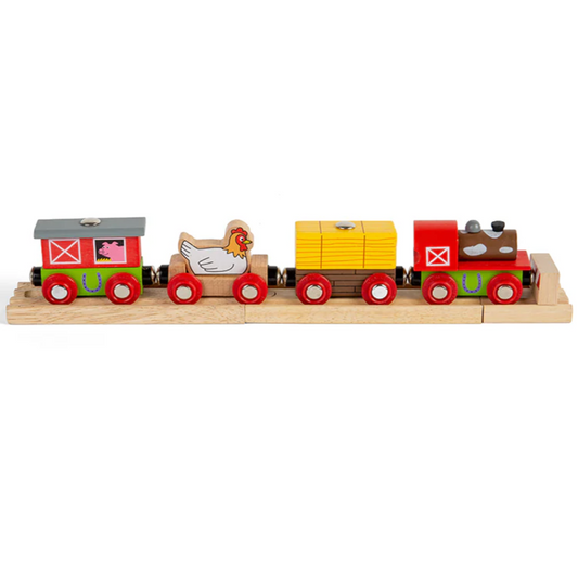A wooden farmyard train set with a engine and three carriages, including a chicken and a pig figurine, on a white background. FARMYARD TRAIN | BIGJIGS TRAIN