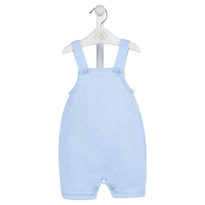 Light blue baby romper on a hanger against a white background. FINE KNIT BABY ROMPER - BABY BLUE | DANDELION