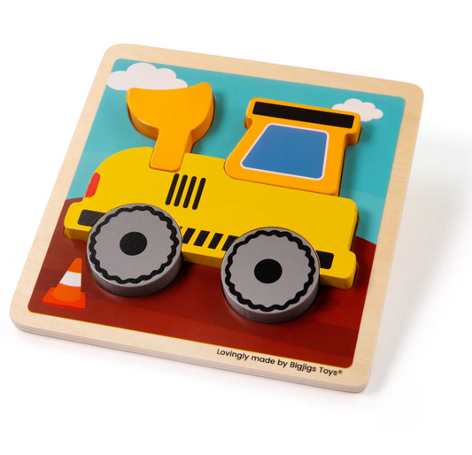 Wooden toy puzzle with a yellow tractor design on a colorful background FIRST WOODEN PUZZLE - DIGGER | BIGJIGS