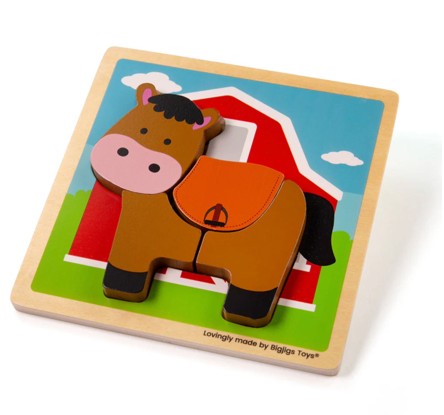 Wooden horse puzzle with a barn background on a white surface FIRST WOODEN PUZZLE - HORSE | BIGJIGS