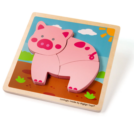 Wooden puzzle of a pink pig with a colorful background, made by Bigjigs Toys. FIRST WOODEN PUZZLE - PIG | BIGJIGS