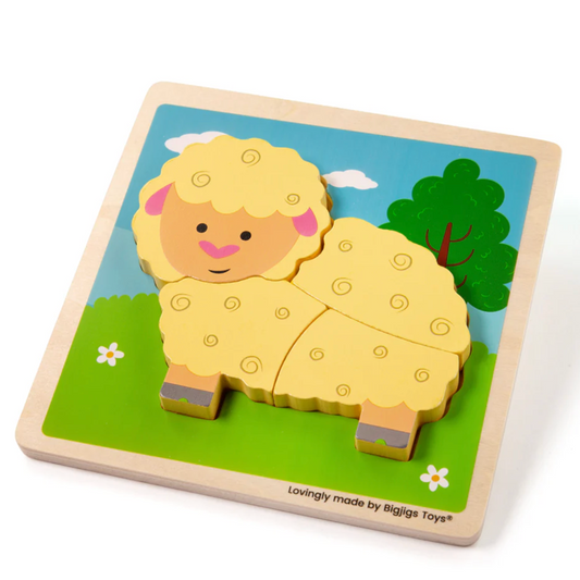 Wooden puzzle of a sheep with a colorful background, made by Bigjigs Toys. FIRST WOODEN PUZZLE - SHEEP | BIGJIGS