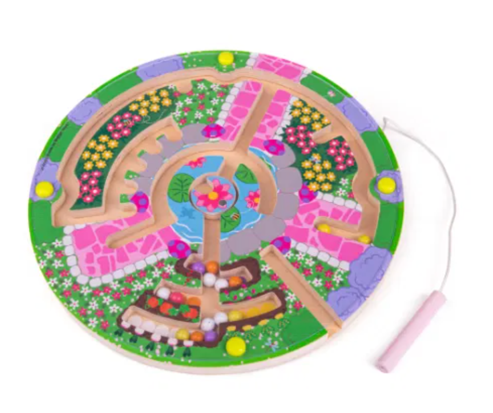 Colorful children's maze toy with a pink handle on a white background FLOWER GARDEN MAZE PUZZLE GAME | BIGJIGS