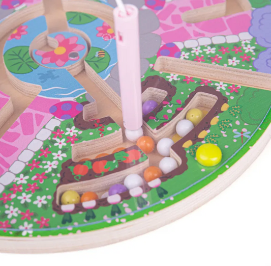 Colorful wooden toy with balls on a circular track featuring floral and garden designs. FLOWER GARDEN MAZE PUZZLE GAME | BIGJIGS