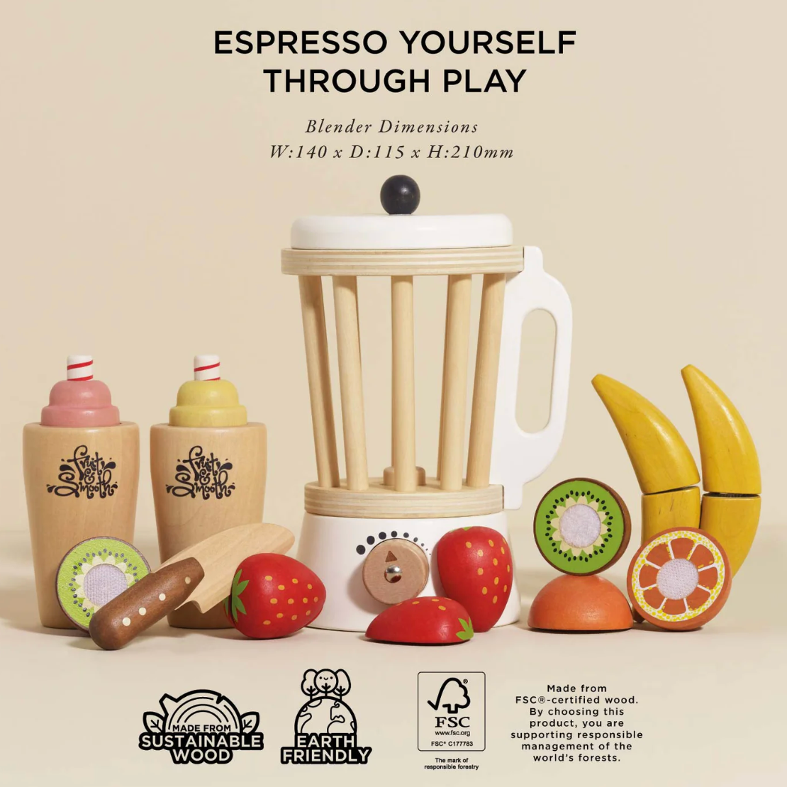 Toy blender set with cups, fruits, and a juicer on a beige background with text 'Espresso Yourself Through Play'. FRUIT & SMOOTHIE WOODEN TOY BLENDER SET | LE TOY VAN