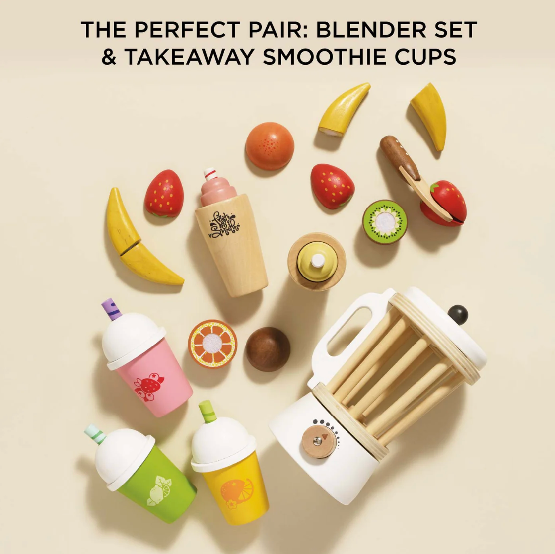 Wooden toy blender set with takeaway smoothie cups and fruits on a beige background FRUIT & SMOOTHIE WOODEN TOY BLENDER SET | LE TOY VAN