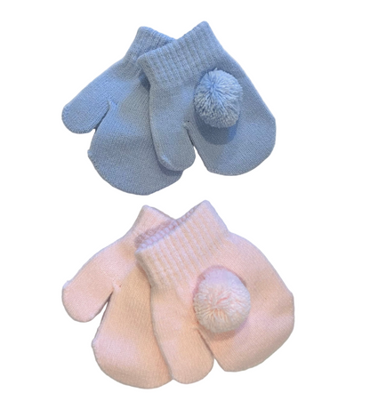 KNITTED BABY MITTENS WITH POMPOMS - BABY BLUE