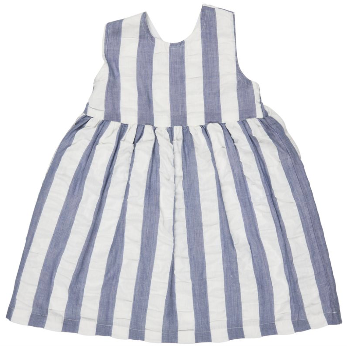 Girls Blue and white Pigeon Organics striped dress on a white background