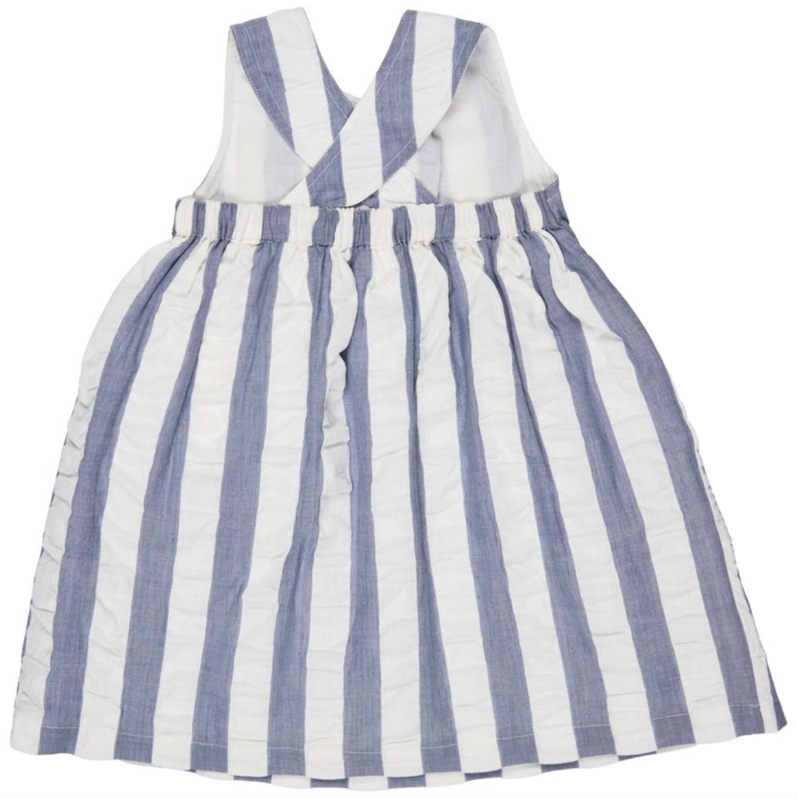 Girls Blue and white Pigeon Organics striped dress on a white background
