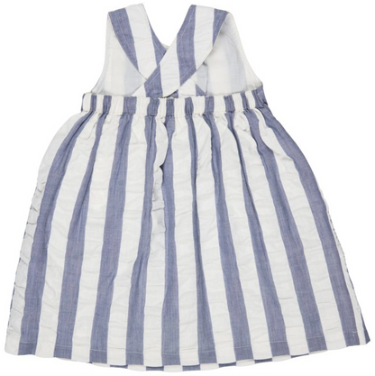 Girls Blue and white Pigeon Organics striped dress on a white background