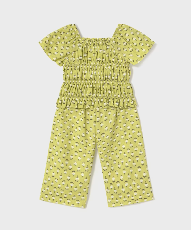 Green floral jumpsuit on a white background GIRLS HONEYCOMB TOP & TROUSER SET - LIME | MAYORAL 