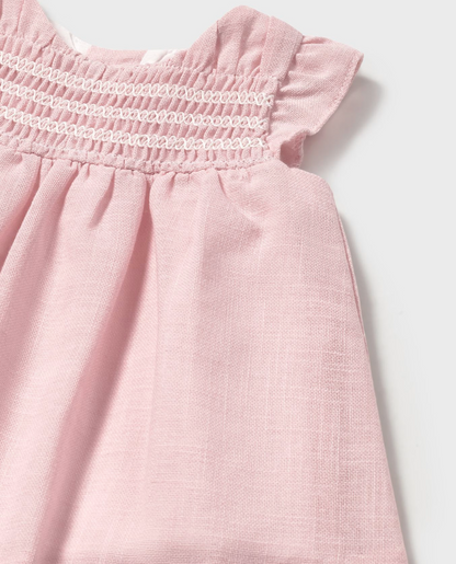 Pink dress with lace trim. GIRLS LINED RUCHED PINK SMOCK DRESS | MAYORAL