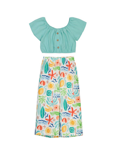 Girls Mayoral Two-piece outfit with a light blue top and colourful tropical trousers on a white background