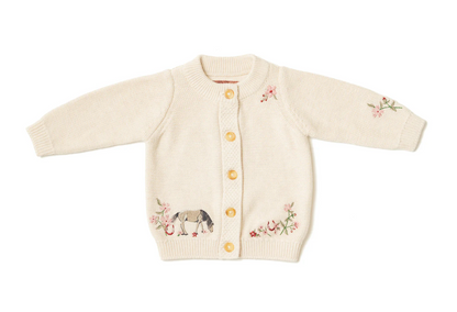 Knitted baby cardigan with embroidered designs. GIRLS ORGANIC COTTON HORSE SHOW FLORAL CARDIGAN | ELEANOR CHARLES