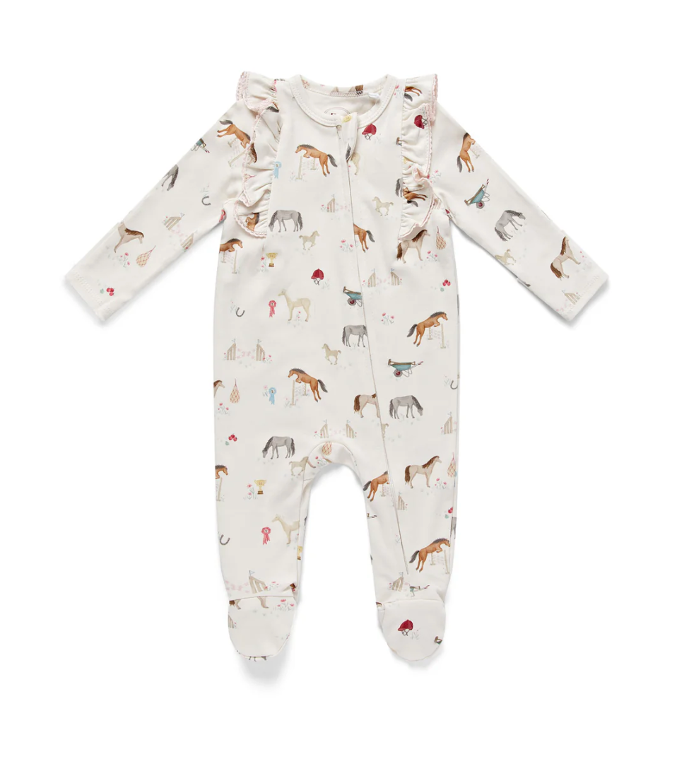 GIRLS ORGANIC COTTON ZIP-UP PONY PRINT FRILL SLEEPSUIT | ELEANOR CHARLES