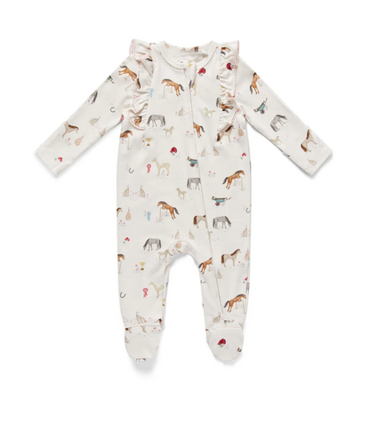 GIRLS ORGANIC COTTON ZIP-UP PONY PRINT FRILL SLEEPSUIT | ELEANOR CHARLES