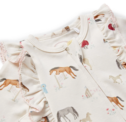 GIRLS ORGANIC COTTON ZIP-UP PONY PRINT FRILL SLEEPSUIT | ELEANOR CHARLES