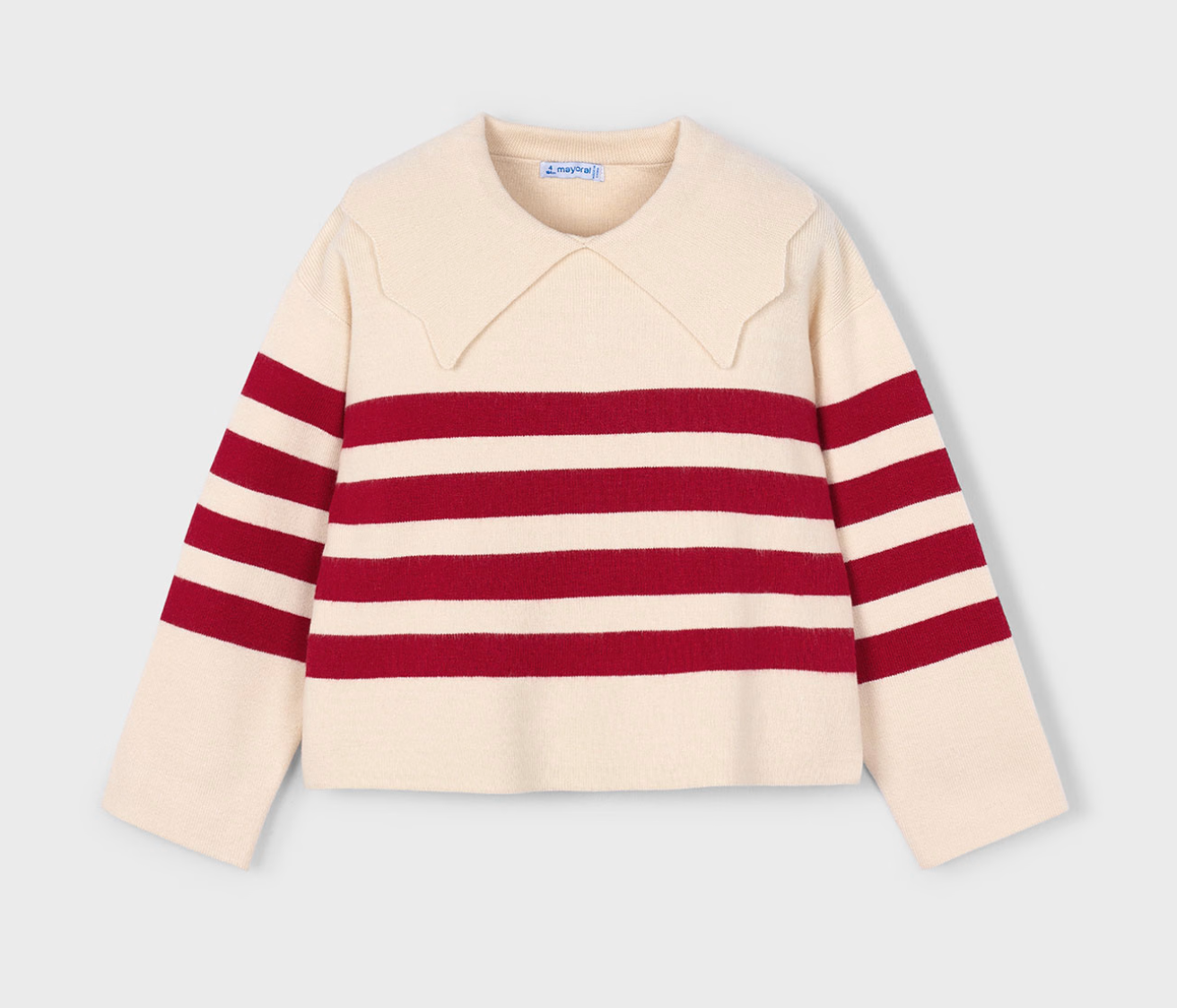 Mayoral Girls Beige and red striped jumper with scalloped collar. GIRLS RED STRIPED JUMPER WITH SCALLOPED COLLAR | MAYORAL 
