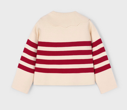 Mayoral Girls Beige and red striped jumper with scalloped collar. GIRLS RED STRIPED JUMPER WITH SCALLOPED COLLAR | MAYORAL 