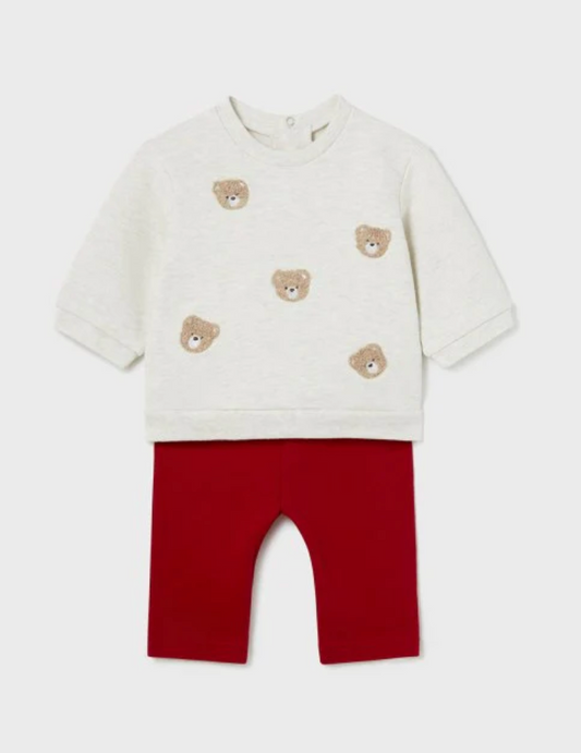 Mayoral girls oatmeal jumper with teddy bear designs with red leggings. GIRLS SET 2 PIECE SET - TEDDY RED | MAYORAL