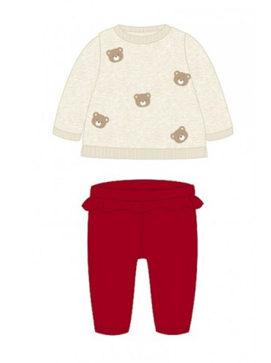 Mayoral Baby sweater with bear designs and red pants. GIRLS SET 2 PIECE SET - TEDDY RED | MAYORAL