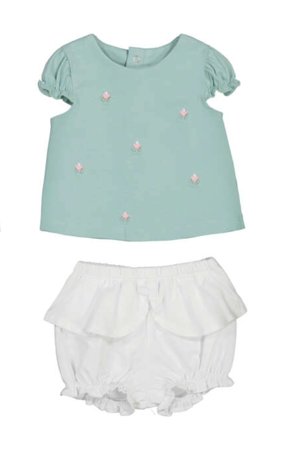 baby girls outfit Mayoral - Light blue top with pink floral embellishments and white ruffled bloomers on a white background