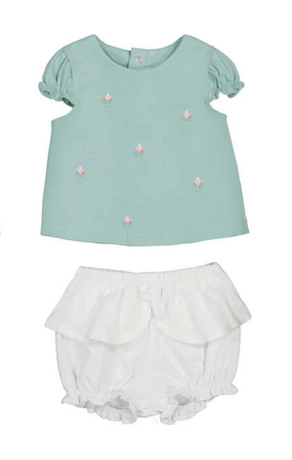 baby girls outfit Mayoral - Light blue top with pink floral embellishments and white ruffled bloomers on a white background