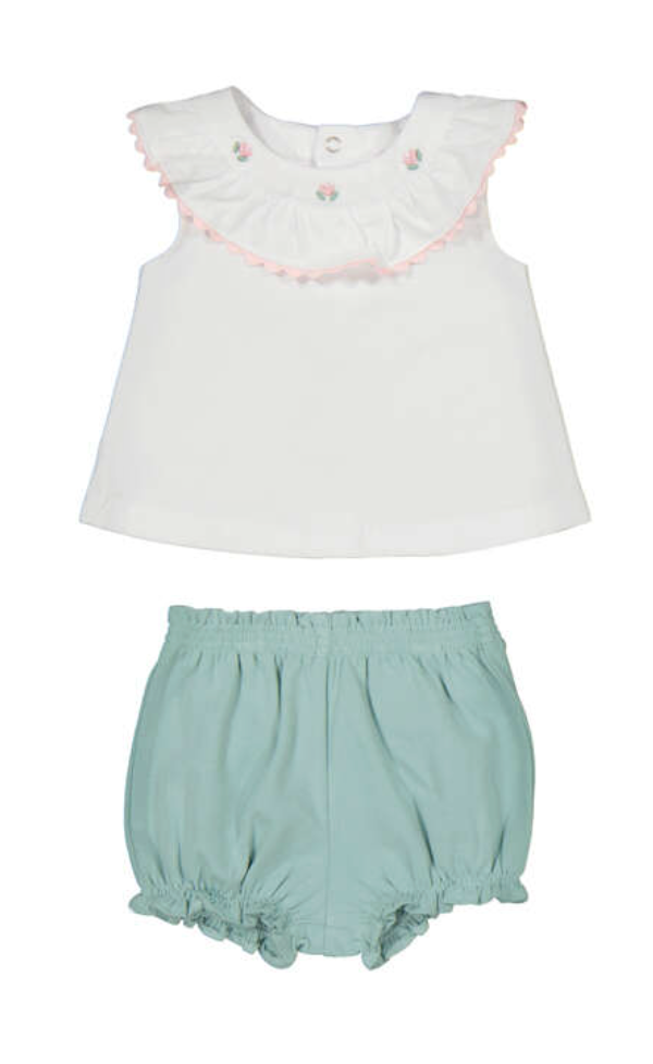Mayoral girls summer outfit - White top with ruffled details and light green bloomers on a white background