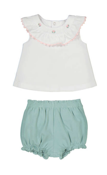 Mayoral girls summer outfit - White top with ruffled details and light green bloomers on a white background