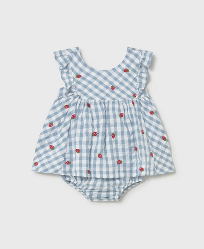 GIRLS STRAWBERRY BLUE GINGHAM COTTON DRESS WITH KNICKERS | MAYORAL