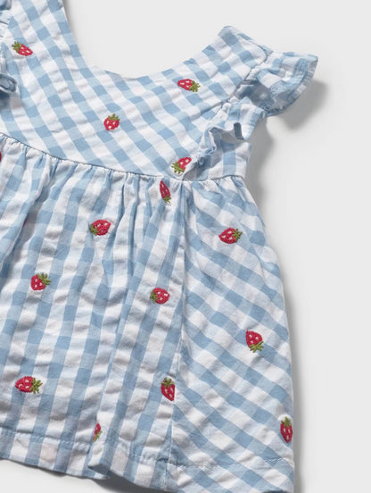 GIRLS STRAWBERRY BLUE GINGHAM COTTON DRESS WITH KNICKERS | MAYORAL