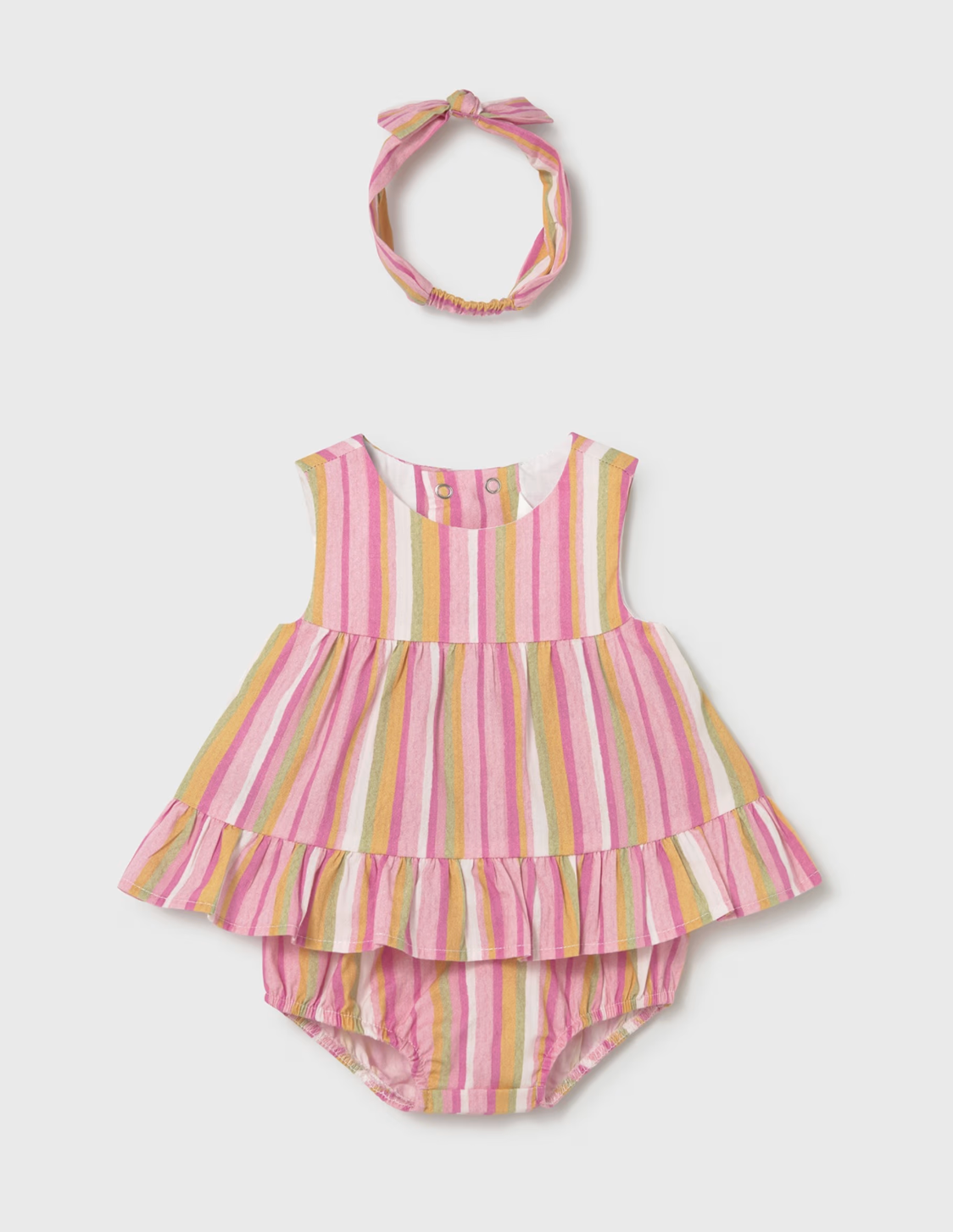 Striped baby dress with ruffles and matching headband. GIRLS STRIPE TOP & SHORTS SET WITH HAIRBAND | MAYORAL
