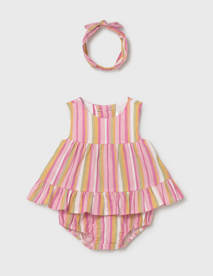 Striped baby dress with ruffles and matching headband. GIRLS STRIPE TOP & SHORTS SET WITH HAIRBAND | MAYORAL