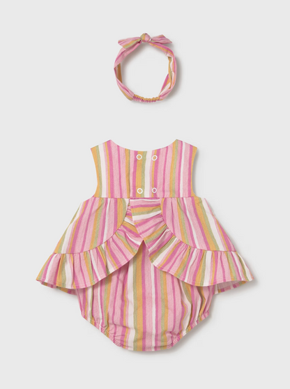 Pink and yellow striped baby romper with ruffles and matching headband. GIRLS STRIPE TOP & SHORTS SET WITH HAIRBAND | MAYORAL