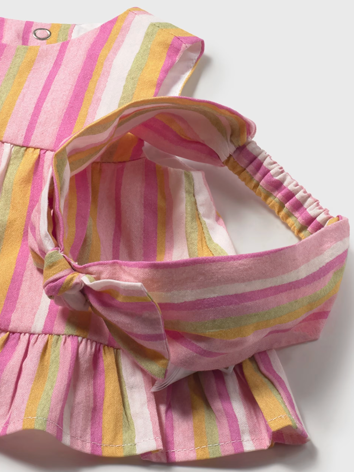 Pink and yellow striped dress with a bow. GIRLS STRIPE TOP & SHORTS SET WITH HAIRBAND | MAYORAL