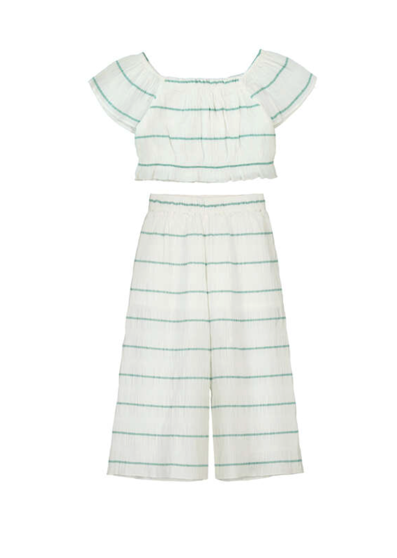 Girls Mayoral summer Striped top and wide-leg trousers set on a white background