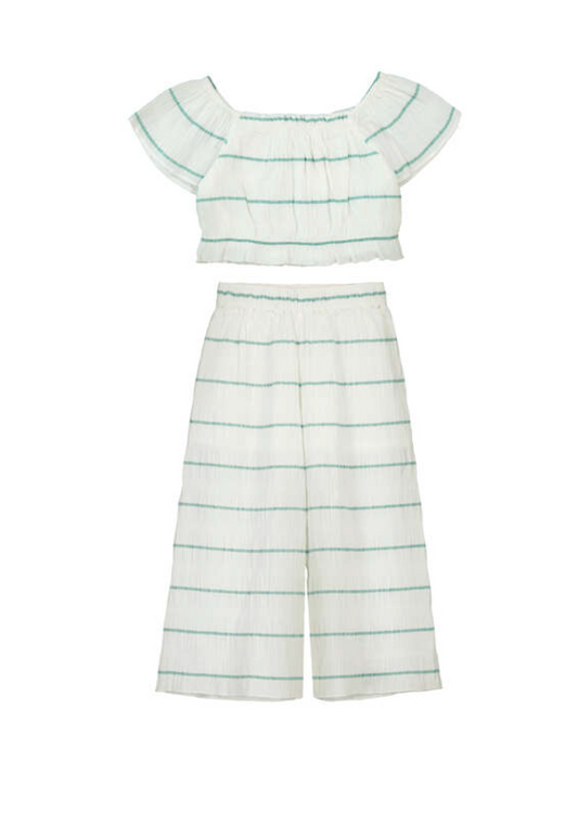 Girls Mayoral summer Striped top and wide-leg trousers set on a white background