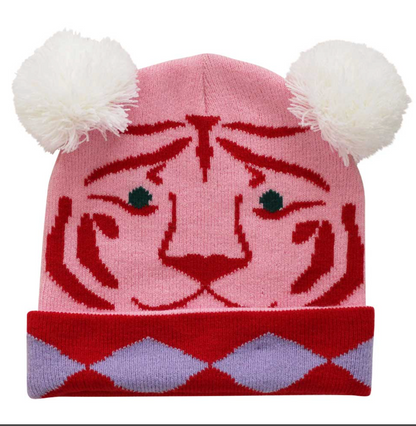 Pink knit hat with tiger design and white pom-pomS. GIRLS SULTANS GARDEN KNITTED HAT | POWELL CRAFT