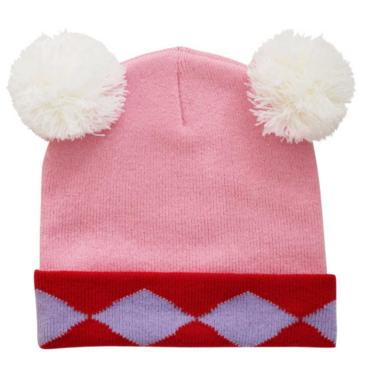 Pink knit hat with white pom-poms and a red and purple argyle pattern. GIRLS SULTANS GARDEN KNITTED HAT | POWELL CRAFT