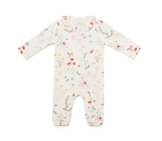 Baby onesie with floral pattern. GIRLS THE ENGLISH GARDEN PRINT FRILL ORGANIC COTTON ZIP SLEEPSUIT | ELEANOR CHARLES