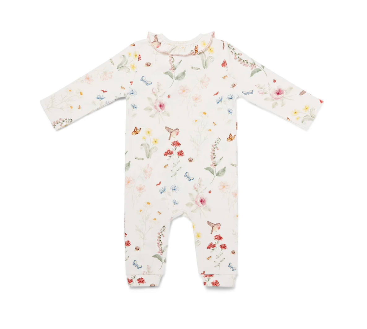 Baby onesie with floral pattern. GIRLS THE ENGLISH GARDEN PRINT FRILL ORGANIC COTTON ZIP SLEEPSUIT | ELEANOR CHARLES