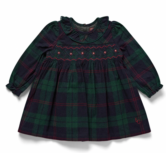 Eleanor Charles Navy & Green Tartan Smocked Dress — front view on white background; full A-line silhouette in Black Watch-inspired navy and green tartan with red overcheck; teal-piped frill collar; hand-smocked chest panel with red zigzag outline stitch and five red and white cross-stitch floral motifs; long sleeves with elasticated frilled cuffs; red EC monogram at hem lower right